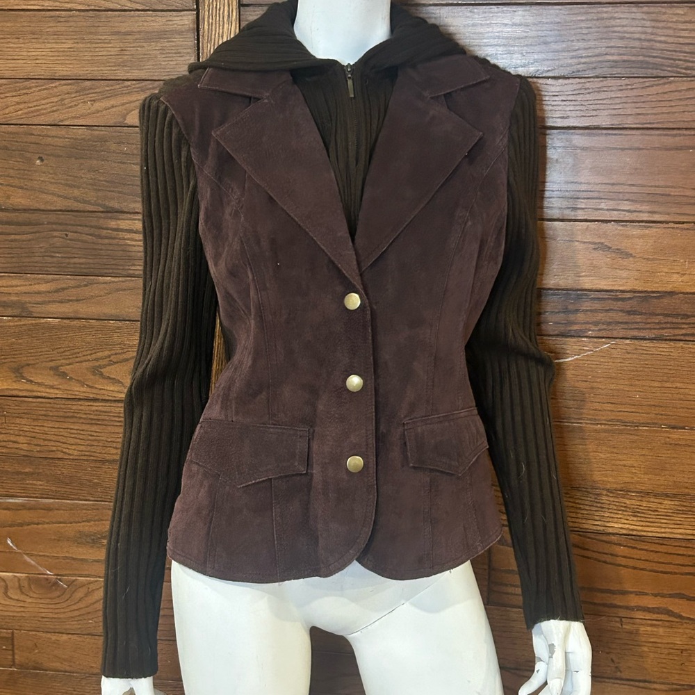 Brown leather Blazer with Knit Sleeves medium zip and snap closure